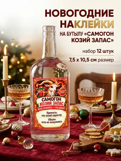 Наклейки на бутылку для Нового года "Самогон: Козий запас", 12 шт., 7,5х10,5 см